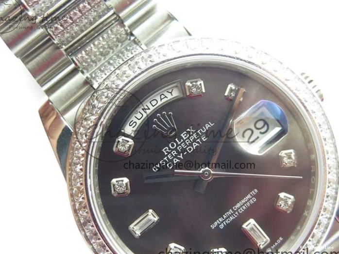 0517 SmoothTexture Day-Date 36mm 128239 SS Crystal BP Best Edition Black MOP Crystal Marker Dial on SS President Bracelet A 2681